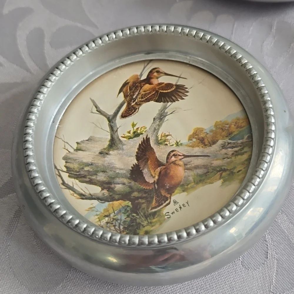 Vintage Set Of 4 Fred Sweney Coasters Birds Fish Metal Glass Barware Rustic